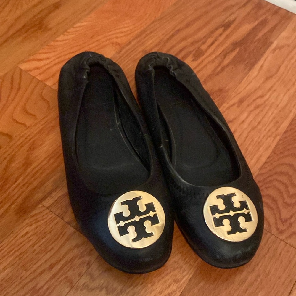 Tory Burch Black Flats with Gold Medallion